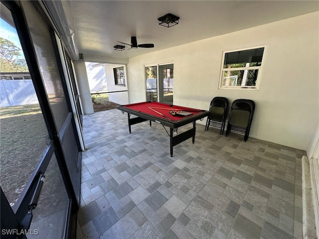 playroom with ceiling fan and pool table