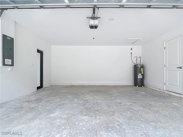 garage featuring water heater, a garage door opener, and electric panel