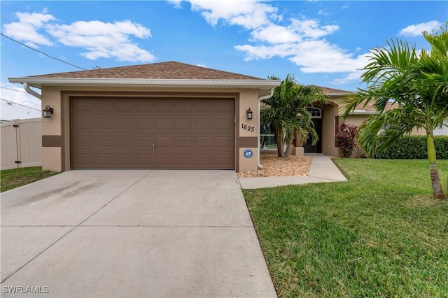 ranch-style home with a front lawn and a garage