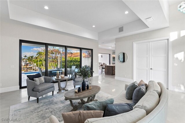 living room featuring a raised ceiling