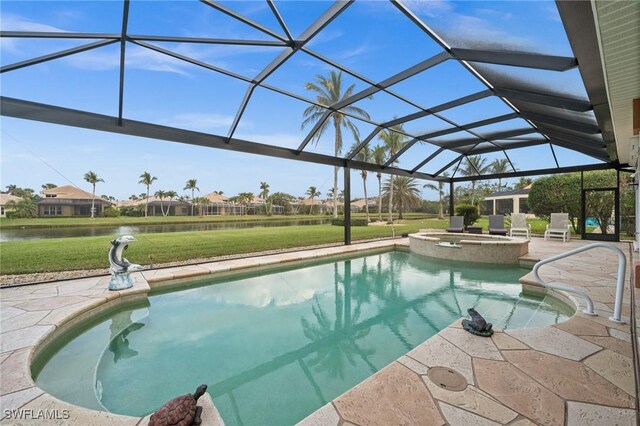 view of swimming pool with a lanai, a yard, a water view, an in ground hot tub, and a patio