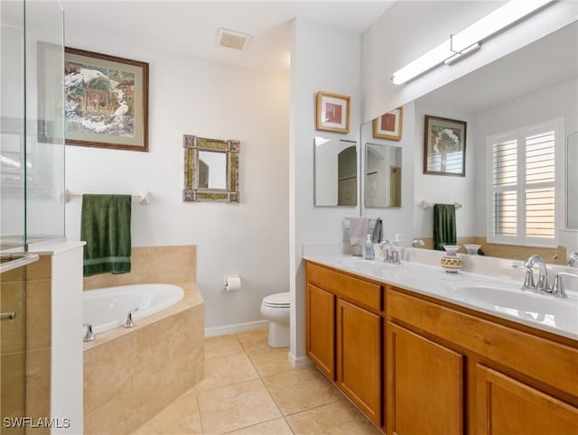 full bathroom featuring tile patterned flooring, plus walk in shower, vanity, and toilet