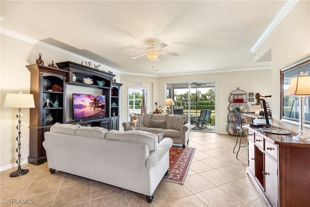 tiled living room featuring crown molding and ceiling fan