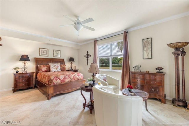 bedroom with ornamental molding and ceiling fan