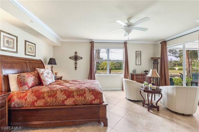 tiled bedroom with ornamental molding and ceiling fan