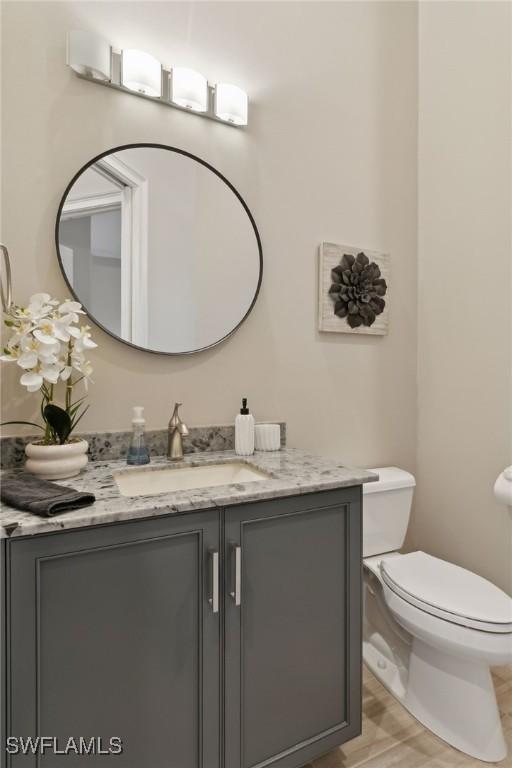 bathroom with hardwood / wood-style floors, toilet, and vanity