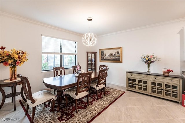 tiled dining room featuring a notable chandelier and crown molding