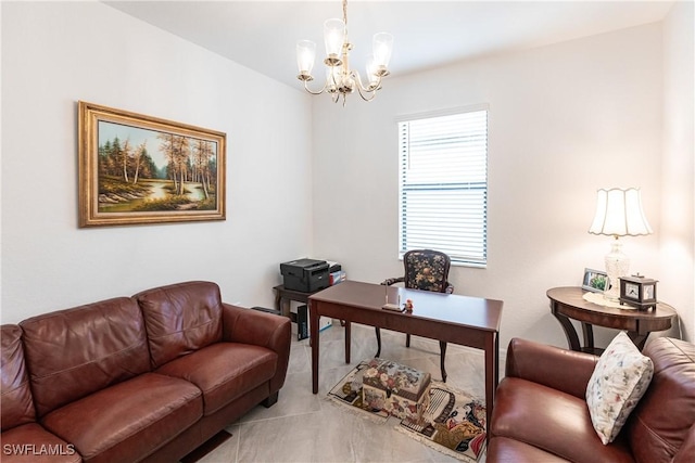 home office featuring a chandelier