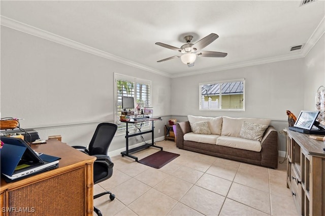 tiled office space with ceiling fan and crown molding