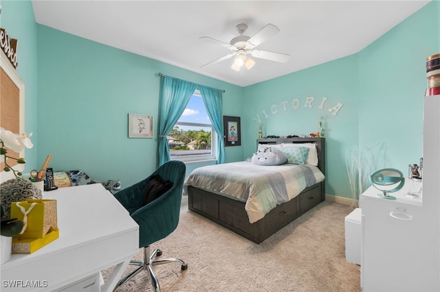 bedroom featuring a ceiling fan, carpet flooring, and baseboards