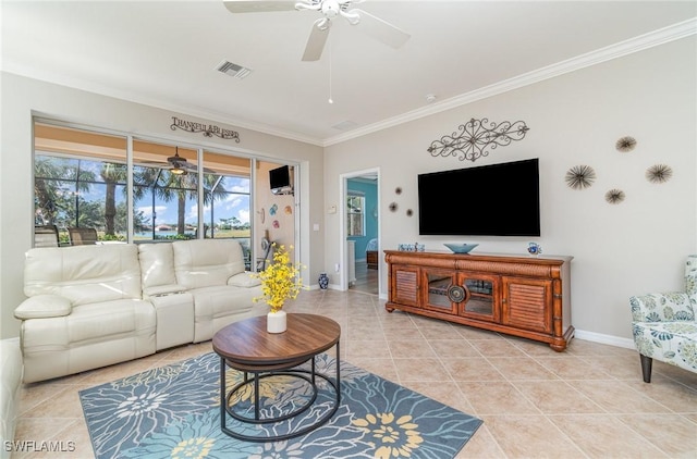 living room featuring light tile patterned flooring and crown molding