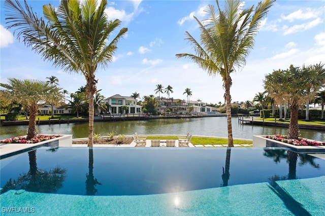 view of pool featuring a water view and a residential view
