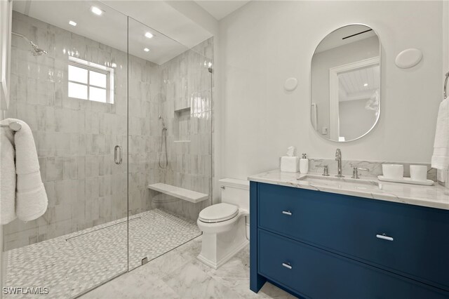 full bathroom with marble look tiles, toilet, a shower stall, vanity, and recessed lighting