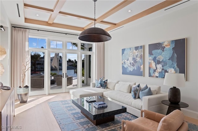 living room featuring coffered ceiling, beamed ceiling, wood finished floors, french doors, and recessed lighting