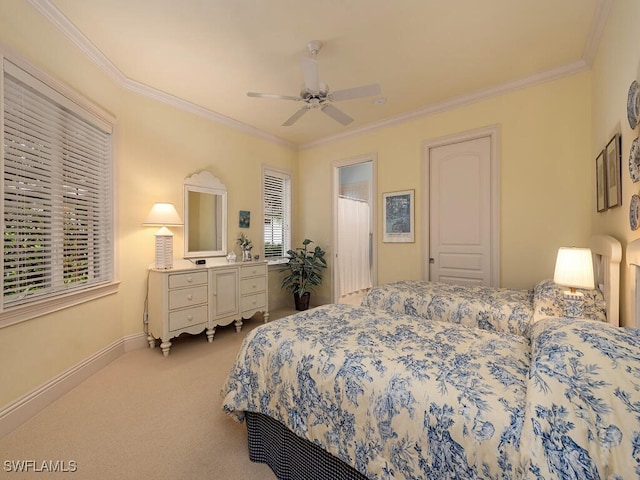 bedroom with crown molding, light carpet, and ceiling fan