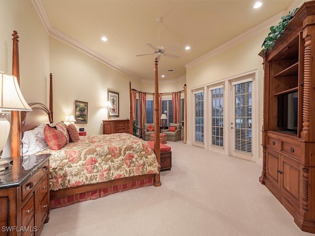 bedroom featuring crown molding, light colored carpet, access to exterior, and ceiling fan