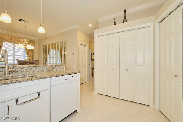 kitchen featuring white cabinetry, an inviting chandelier, ornamental molding, white dishwasher, and pendant lighting