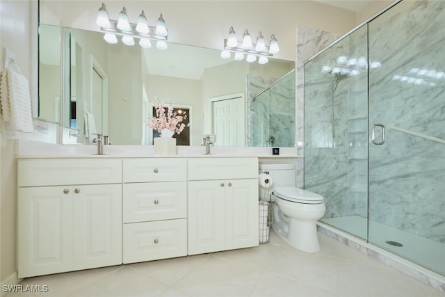 bathroom featuring vanity, tile patterned floors, a shower with shower door, and toilet