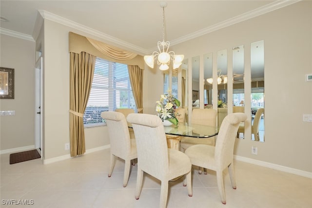 dining area featuring ornamental molding, light tile patterned floors, and a chandelier