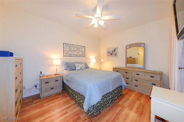 bedroom featuring ceiling fan and light wood-type flooring