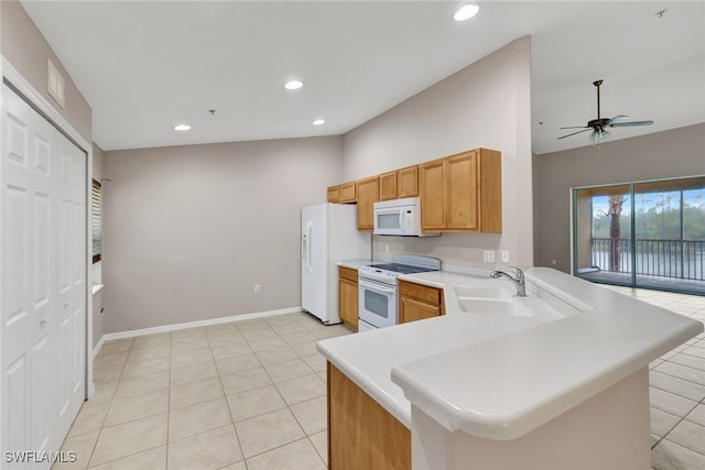 kitchen with white appliances, kitchen peninsula, ceiling fan, sink, and light tile patterned flooring