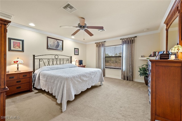 bedroom with ceiling fan, light carpet, and crown molding