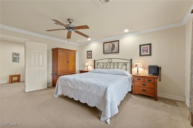 bedroom featuring ceiling fan, light colored carpet, and ornamental molding