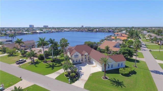 drone / aerial view featuring a water view