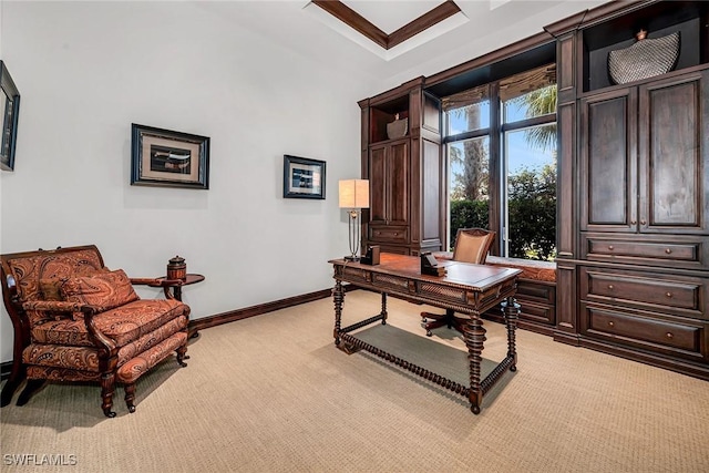 office area featuring light colored carpet and baseboards