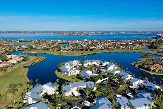 drone / aerial view featuring a water view