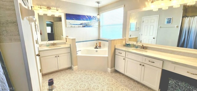 bathroom featuring tile patterned floors, independent shower and bath, and vanity