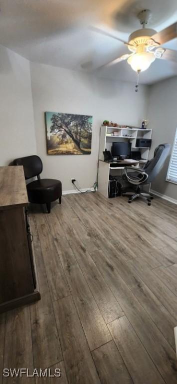 office space with ceiling fan and wood-type flooring