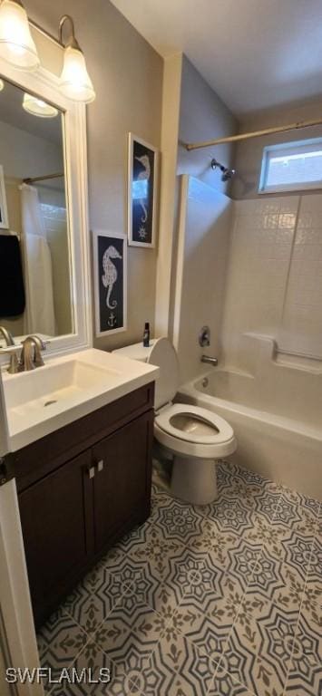 full bathroom with bathing tub / shower combination, tile patterned flooring, vanity, and toilet