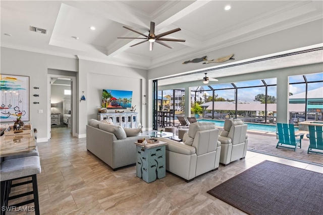 living room with ceiling fan, crown molding, coffered ceiling, and beamed ceiling
