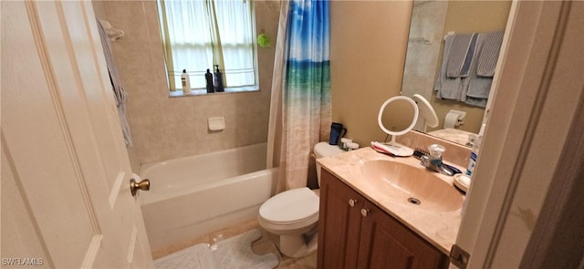 full bathroom with toilet, vanity, and shower / bath combo with shower curtain