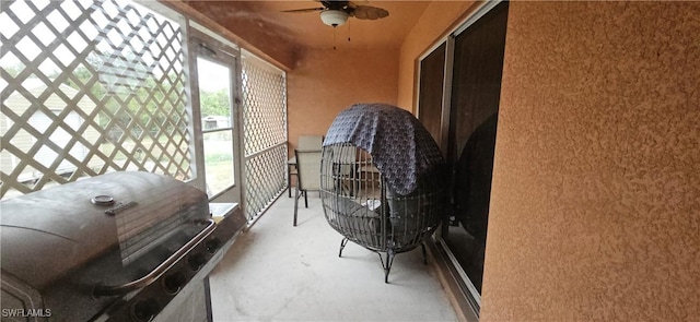 balcony featuring ceiling fan and area for grilling