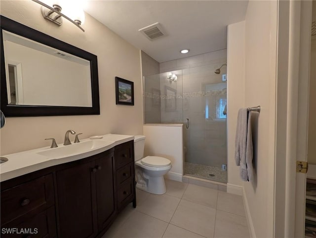 bathroom featuring vanity, toilet, tile patterned floors, and an enclosed shower