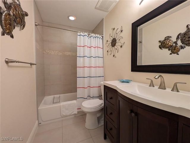 full bathroom with tile patterned floors, vanity, toilet, and shower / tub combo with curtain