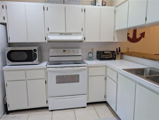 kitchen featuring light tile patterned floors, white cabinetry, white range with electric cooktop, and sink