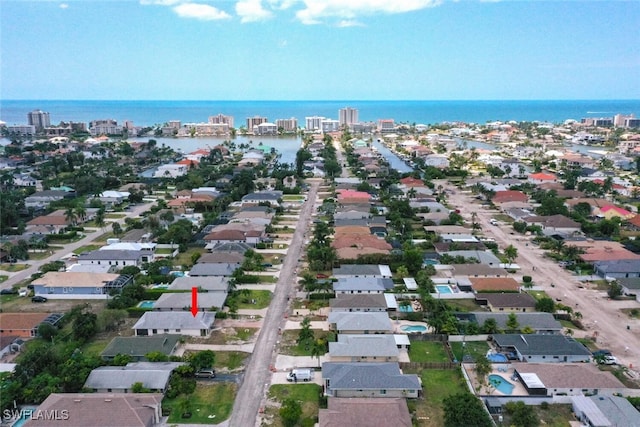 drone / aerial view featuring a water view