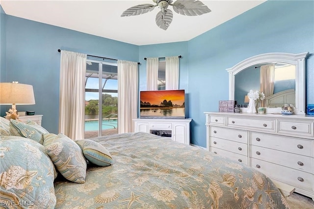 bedroom featuring access to outside and ceiling fan