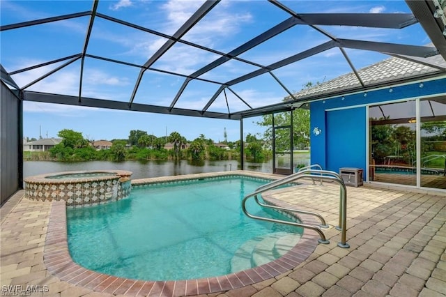 outdoor pool featuring a water view, a lanai, a patio, and an in ground hot tub