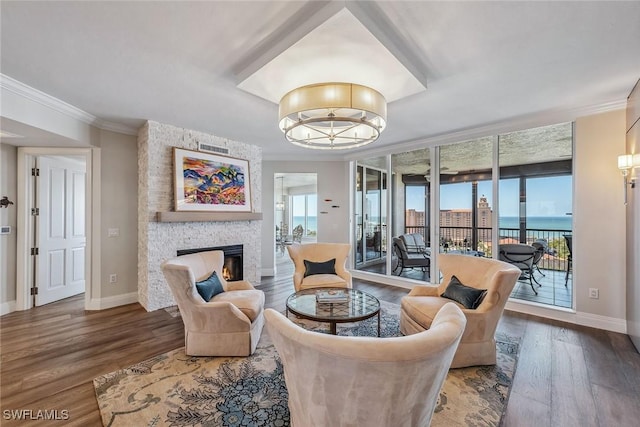 living room with wood-type flooring, a stone fireplace, ornamental molding, and a water view