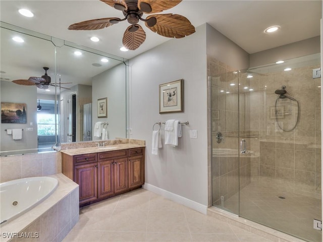 bathroom with vanity, tile patterned floors, ceiling fan, and independent shower and bath