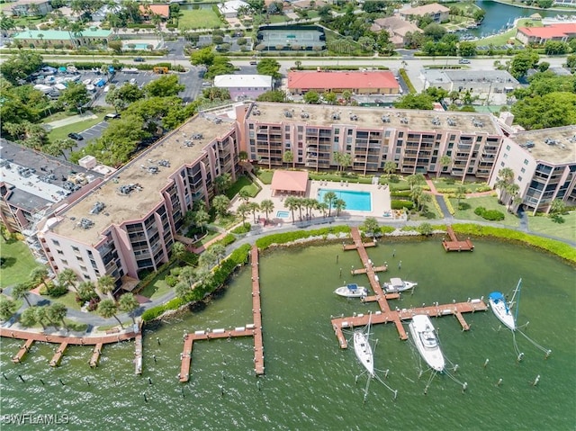 bird's eye view with a water view