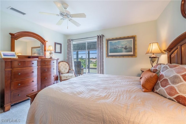 carpeted bedroom with access to outside and ceiling fan