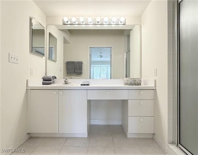 bathroom featuring tile patterned flooring, an enclosed shower, ceiling fan, and vanity