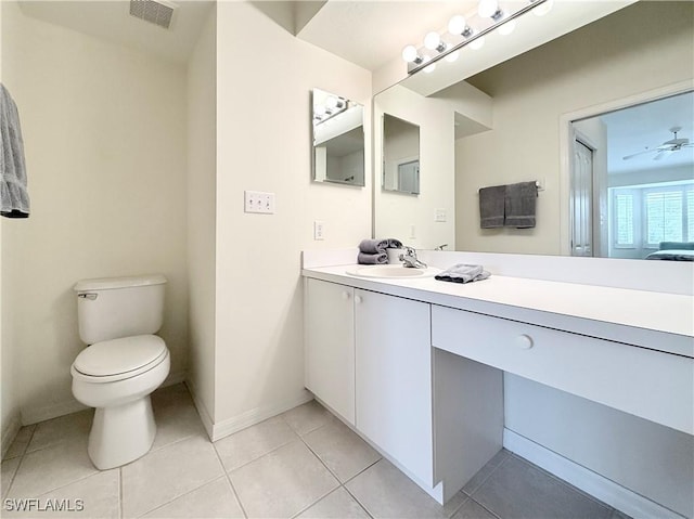 bathroom featuring ceiling fan, tile patterned flooring, vanity, and toilet