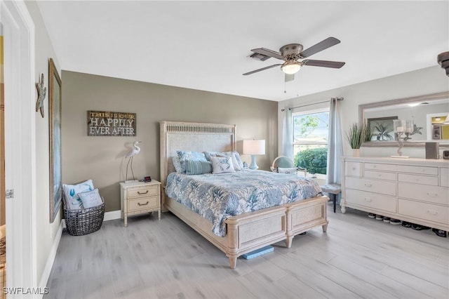 bedroom with ceiling fan and light wood-type flooring