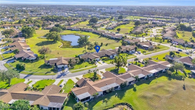 aerial view featuring a water view